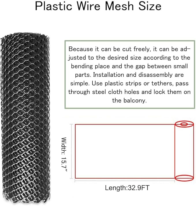 Plastic Mesh Fence Roll 15.7" x32.9', Heavy Duty Chicken Wire Barrier for Chicken Coop & Garden Fencing, Animal Enclosure (Dogs/Rabbits), No Tools Needed Easy Install (Black)