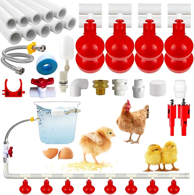 Automatic Chicken Waterer System (46 Accessories Included), Complete PVC Pipelines Set Chicken Water Feeder, Poultry Waterer, DIY Chicken Watering System with Chicken Water Cups (No Bucket Included)