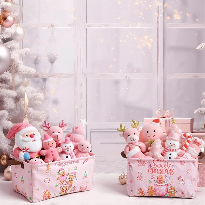 CHENGU 6 Pack Christmas Storage Basket Pink Collapsible Christmas Basket for Gifts Gingerbread Man Holiday Decor Large Gingerbread House Bin Foldable Xmas Tree Box with Handle for Bedroom Office Home