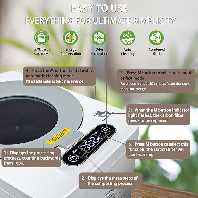 Composter Upgraded Electric Kitchen composting Machine converts Food Waste into Compost Without damaging Roots and Stems -3.8L Odor Absorbing countertop with Visible Glass Cover and Low Noise