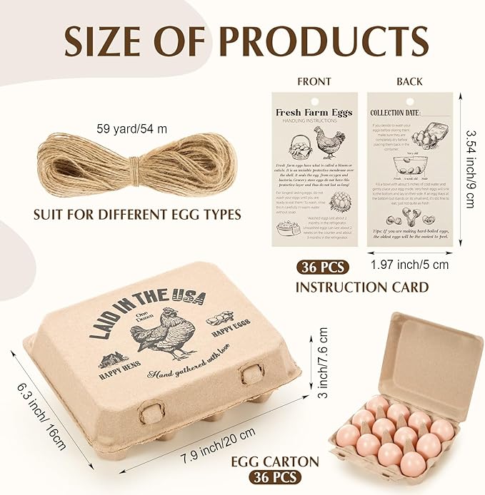 Maxdot 36 Pack Egg Cartons Bulk 3x4 Style Holds Cardboard Egg Cartons Made from Paper Pulp with Instruction Cards & Jute Rope Empty Egg Tray Holder for Family Farm, Supermarkets, Kitchen