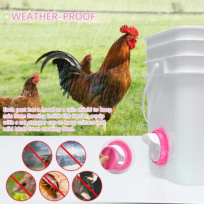 Chicken Feeder Port, 6 Pack Chicken Feeders No Waste with 6 Lids 1 Drill Bit, DIY Automatic Poultry Feeder Cups Kit, Chicken Bucket Feeder for Barrels (Pink)
