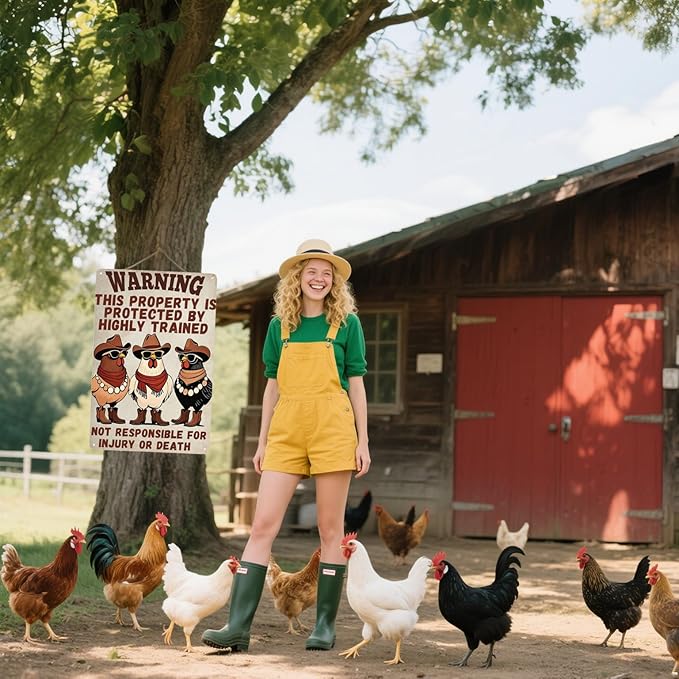 Funny Chicken Coop Sign "Warning" Metal Chicken Signs for Coop Funny Outdoor Farmhouse Kitchen Garden Decor 8 X 12 Inch Chicken Gifts