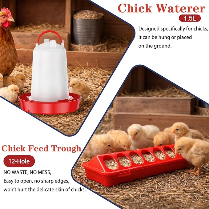 Chick Feeder and Waterer Kit, 6 Pcs Baby Chicken Supplies with Large 0.4 Gal Chick Waterer, Plastic Feeder Trough and Perch, Chicken Starter Kit for Coop and Brooder for Small Poultry Quail (Red)