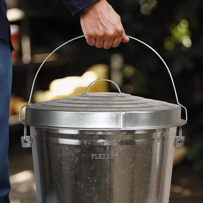 Plexon 17.6 Lb Poultry Feeder Stainless Steel Hanging Chicken Feeder no Waste Food-Grade with 10 Gallon Galvanized Storage Bucket with Locking Lid for Bird Seed Chicken Feed, Bundle