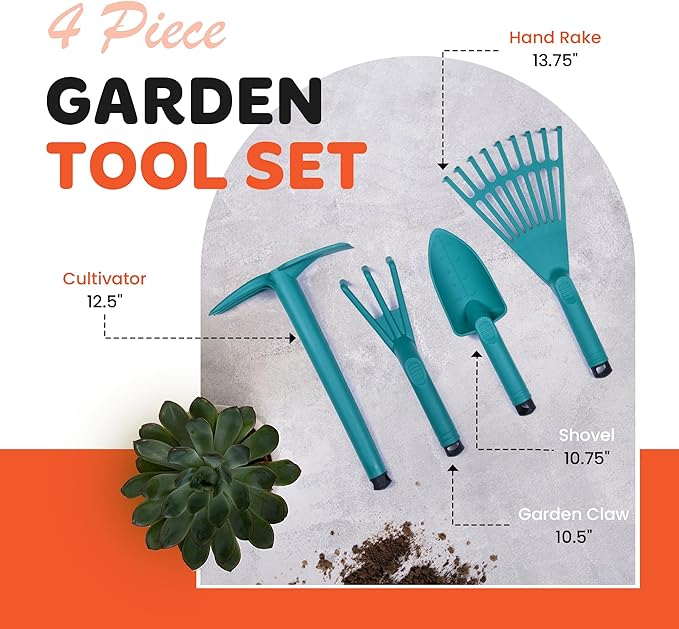 Mintra Garden Tool Set, 4 Piece Heavy Duty Gardening Tools Including Cultivator, Trowel, Shovel & Rake, Durable Poly Material & Non-Slip Handle, Garden Hand Tools Set for Gardening Gift, Purple
