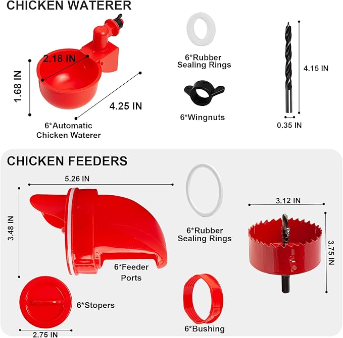 DIY Chicken Feeders No Waste, Automatic Chicken Feeders and Waterer Set, 6 pcs Poultry Feeder 6 Automatic Chicken Water Feeder, Rodent Proof Rain Proof Poultry Feeder Kit for