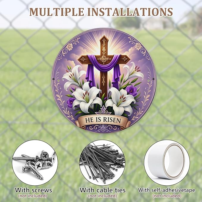 He is Risen Metal Sign for Front Door Decor Religious Cross Easter Hanging Door Decorations, Farmhouse Flower He is Risen Roundr Sign Hanger for Home Spring Wall Indoor Outdoor Decorations
