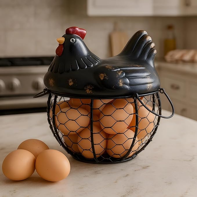 Small Black Iron Egg Basket, Farmhouse Style Countertop Holder with Ceramic Lid, Chicken Egg Storage for Kitchen, Rustic Home Decor, Keeps Up To 15 Eggs Fresh