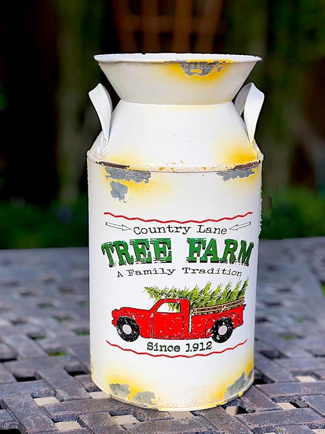 Christmas Holiday Bucket Container Decor Organizer Antique Truck White / Country Line Tree Farm / (9.7" Milk Can)