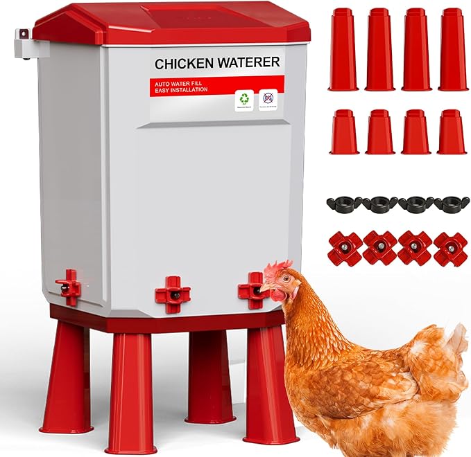 Chicken Waterer Nipples, Chicken Water Bucket with 4 Nipple Drinkers, Automatic Chicken Waterer, Standing or Hanging Use, Automatic Poultry Drinker for Coop (Red, 2 Gallon)