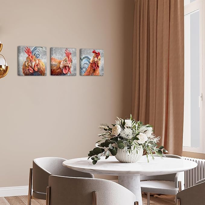 Apicoture Chicken Wall Art Farm Animal Chicken Pictures Kitchen Wall Decor Rooster Wall Art Canvas Prints Framed For Kitchen Dinning Room Living Room Decorations 12"x12"x3 Panels (Gray)