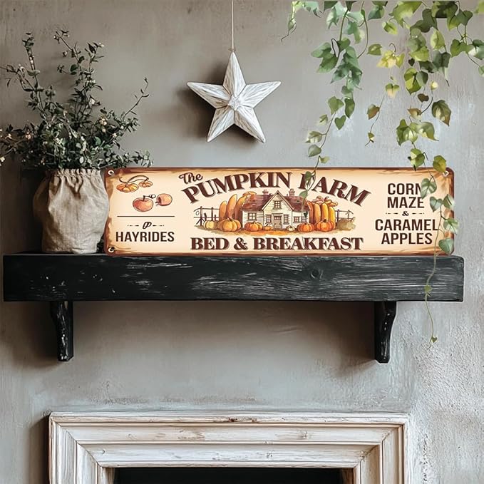 Rustic Pumpkin Farm Bed & Breakfast Metal Sign - Autumn Wall Decorative Sign - Pumpkin, Maple Leaf Design, 16x4 Inch, Vintage Sign for Kitchen, Baking Room, Farmhouse Decor, Thanksgiving Day Decor