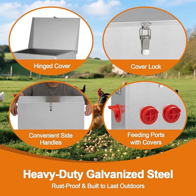 Automatic Chicken Feeder 85-120lbs Capacity, Galvanized Metal Poultry Feeding Equipment, Rainproof & Rodent Proof Large Chicken Food Dispenser for Backyard Coop & Farm Use (10 Ports)
