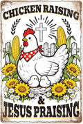 WADORN Funny Chickens Metal Tin Sign, 8x12 Inch Chicken Raising Jesus Praising Retro Tin Sign Rustic Farmhouse Wall Art Decor Plaque Gift for Home Farm Chicken-Coop Yard Farmhouse Kitchen Garden