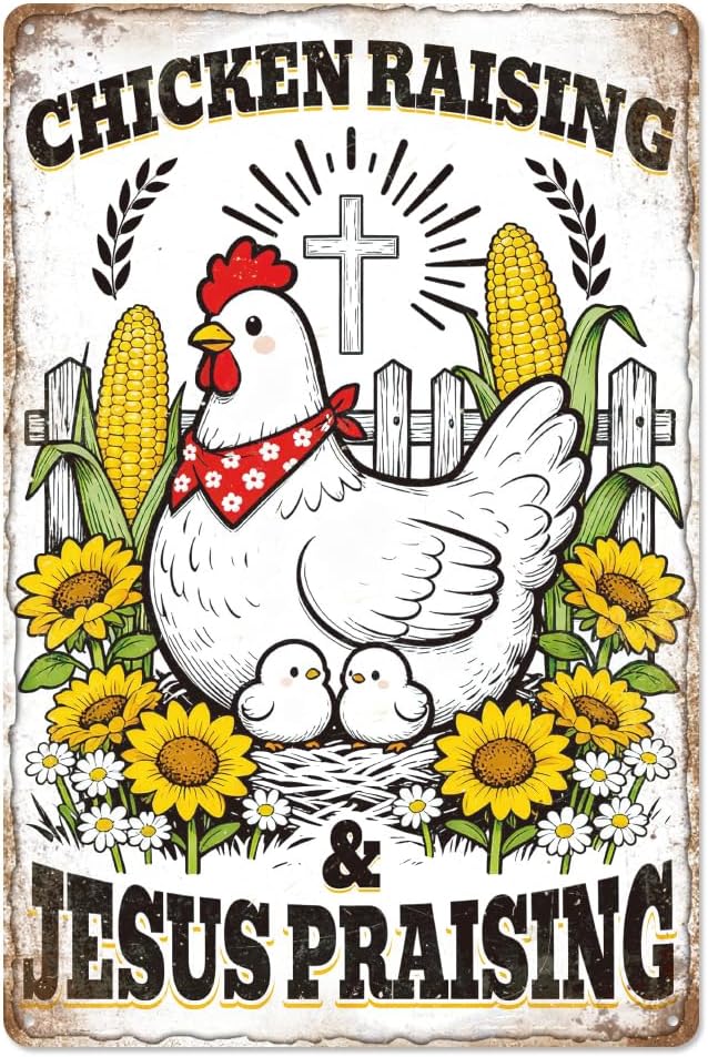 WADORN Funny Chickens Metal Tin Sign, 8x12 Inch Chicken Raising Jesus Praising Retro Tin Sign Rustic Farmhouse Wall Art Decor Plaque Gift for Home Farm Chicken-Coop Yard Farmhouse Kitchen Garden