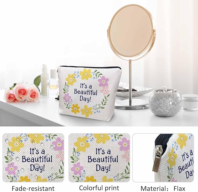 Makeup Bag Funny Quote Makeup Bags For Purse Pouch, Floral Wreath Travel Toiletry Bag Cosmetic Bag Makeup Bags Flax Makeup Organizer Bag Pencil Pouch For Man Woman It's A Beautiful Day