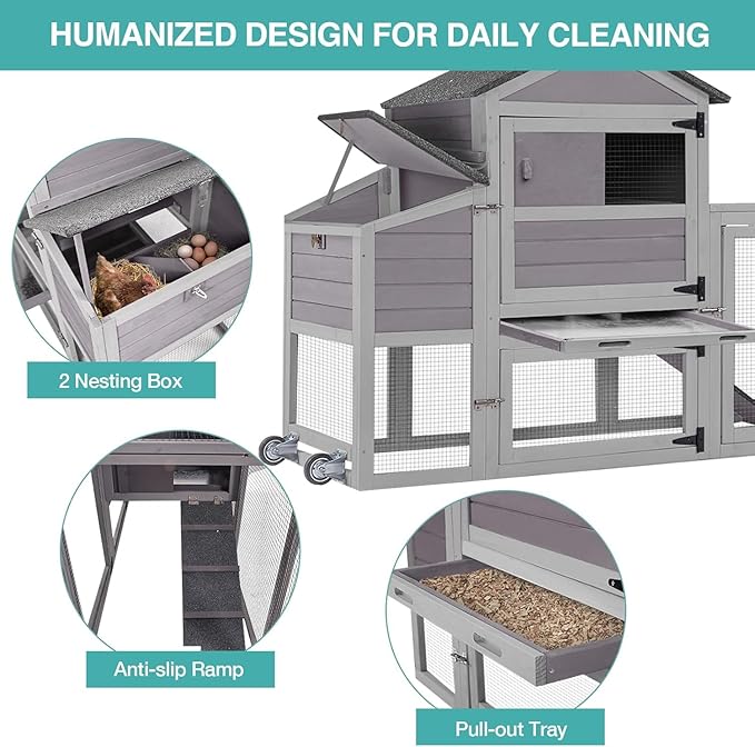 Chicken Coop for 2-4 Chickens, Mobile Chicken House for Outdoor with Wheels, Nesting Box, Leakproof Pull-on Tray and UV-Resistant Roof Panel, Wooden Chicken Coop for Duck