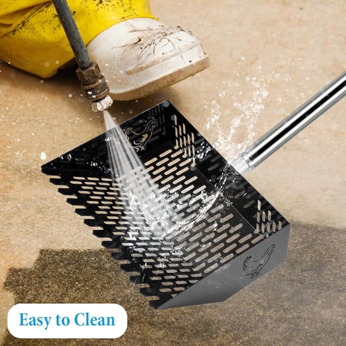Heavy Duty Chicken Coop Rake and Scoop, 15 Inch Extra Large Chicken Coop Rake with Adjustable Stainless Steel Handle (25 to 73 Inch)，Metal Multi-Use Cleaning Shovel for Coops, Beach（Black）
