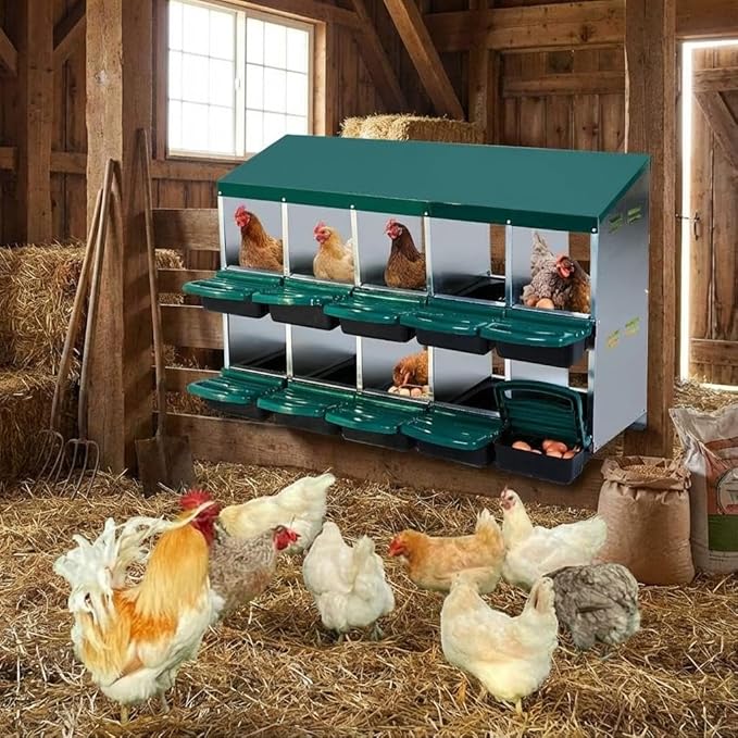 Nesting Boxes for Chickens, Chickens Laying Boxes for Chicken Coop, 10 Compartments Chicken Nesting Boxes, with Removable Tray, Easy Cleaning, for Hens Outdoor Chicken Coop Farm Yard, Green