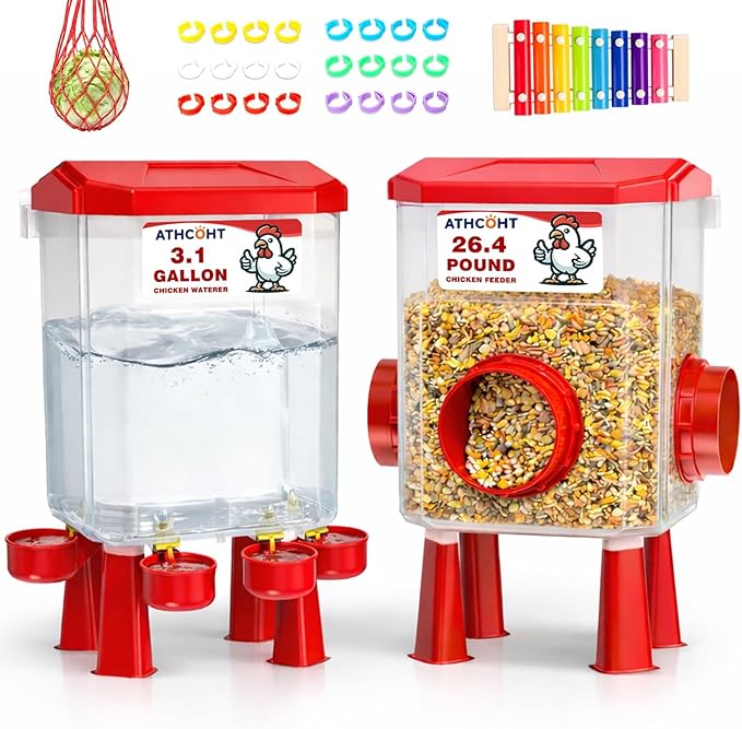Large Chicken Feeder and Waterer Set 3.1 Gallon/26.4 Pounds, Automatic Chicken Waterer with 4 Cups & 3 Feeder Ports No Waste Poultry Feeders & Waterers, Chicken Coop Accessories for Hens/Poult