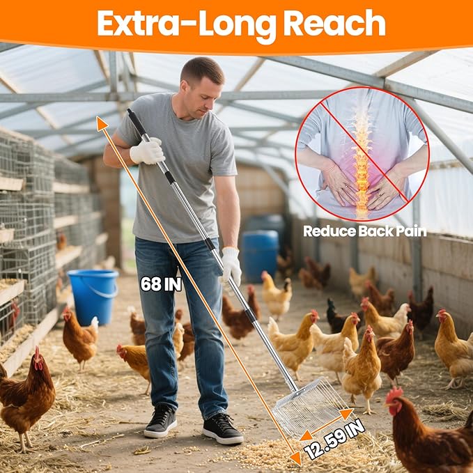 12 inch Chicken Poop Scooper, 4 in 1 Adjustable Chicken Coop Pooper Shovel (24 to 68"), Stainless Steel Sifting Litter Shovel Scoop for Chicken Coop/Goat Stall/Stable Cleaning