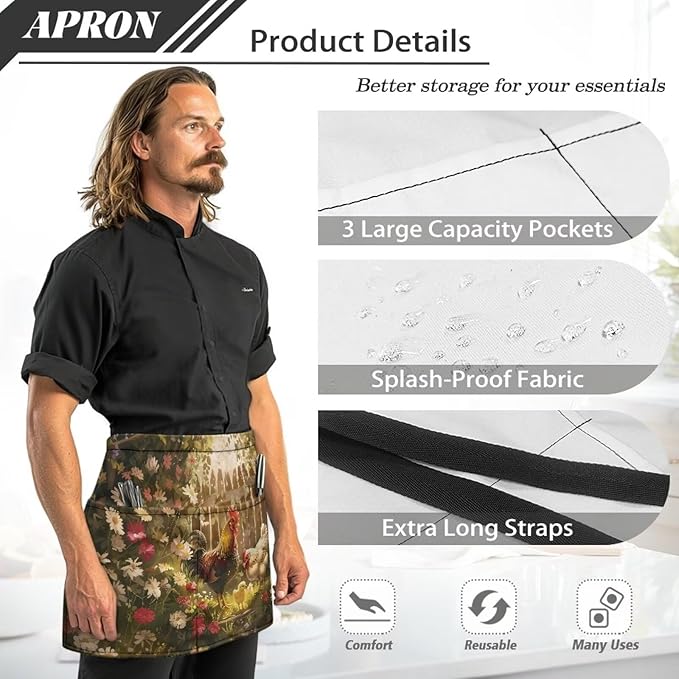 Waist Apron with 3 Pockets Waterproof 13 Inch Short Half Waist Aprons Women Men Server Aprons Waitress Waiter Apron