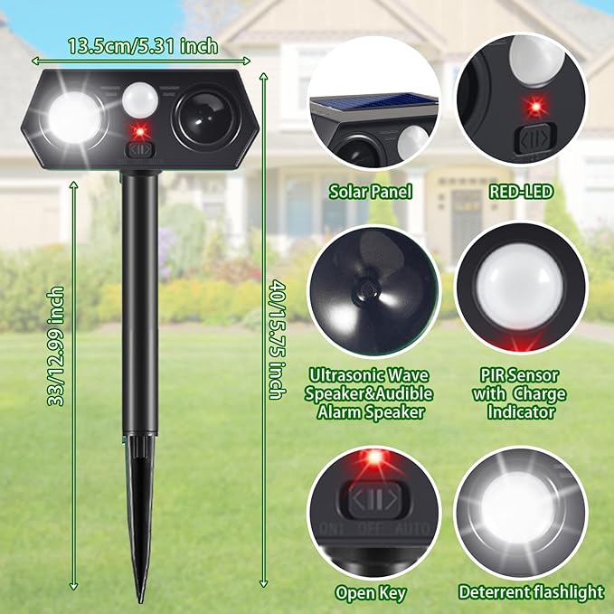 Sonic Racoon Fortress Pro IP65 Solar Ultrasonic Animal Repellent Outdoor Deer Repellent Devices Cat Deterrent Deer Alarms for Gardens with Motion Sensor&Light Rabbit Squirrel Skunk Dog Repeller(4)