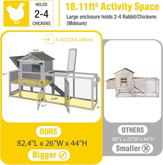 Aivituvin Mobile Chicken Coop with Wheels for 4-6 Chickens, Backyard Expandable Chicken House Duck Cage with Run, 2 Nesting Boxes, Easy Clean Pull-Out Tray, Leak-Resistant Asphalt Roof, 82.4"(Grey)