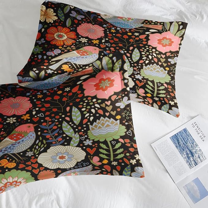 Comforter Set King Size, Retro Floral Bird 7 Pcs Bedding for Kids and Adults, Vintage Chinese Flower Bed Sheet Sets with Fitted Sheet 2 Pillowcases & 2 Shams for Bedroom Bed Decor