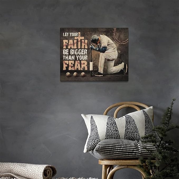 Christian Baseball Wall Art Sport Poster Teen Boy Room Wall Decor Inspirational Quotes Pictures Canvas Prints Artwork Baseball Decor For Boys Room Playroom Bedroom Gym Framed 16"x12"