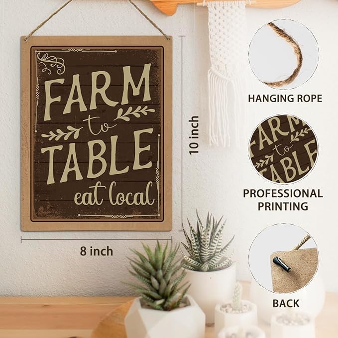 FLVGE Farmhouse Kitchen Decor, Kitchen Wall Decor, Vintage Decor for Home Kitchen Dining Room Porch Bar Cafe, Farm to Table Eat Local Wooden Sign Hanging, 8x10 Inch