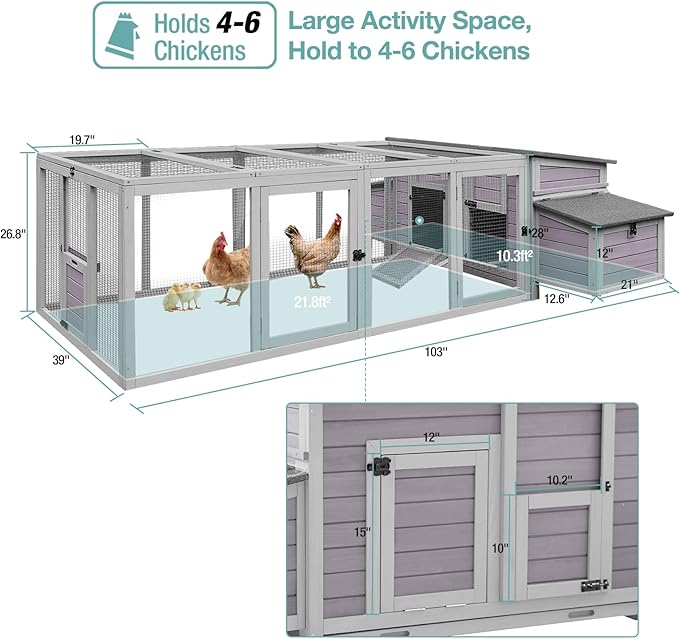 Chicken Coop Large Wooden Chicken House for Outdoor 103" Poultry Cage with Nesting Box, 4-6 Chickens