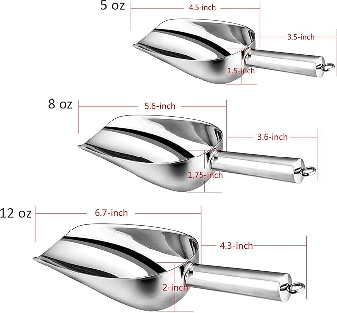 Ice Scoop, E-far Stainless Steel Kitchen Utility Scoop Set, Ideal for Ice Cube/Coffee Bean/Food/Candy/Flour/Popcorn, Set of 3 (5-8-12 Ounce)