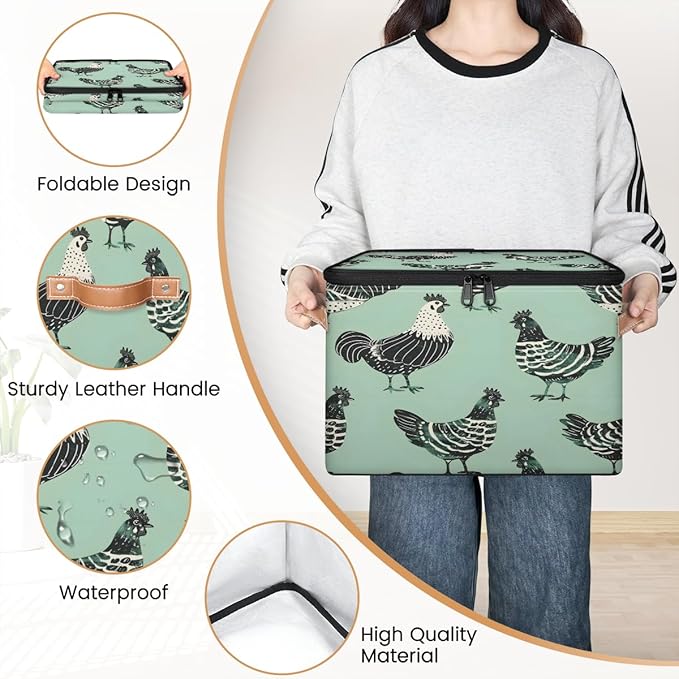 Modern Farmhouse Animal Chicken Storage Bins With Lids Fabric Collapsible Storage Box with Leather Handles for Home Bedroom Foldable Closet Shelf Organizer