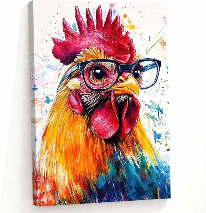 ZQQART Rooster Canvas Wall Art Funny Chicken Portrait Picture Prints Rustic Animal Painting Artwork Farmhouse Kitchen Decor Framed(White,16.00" x 24.00")