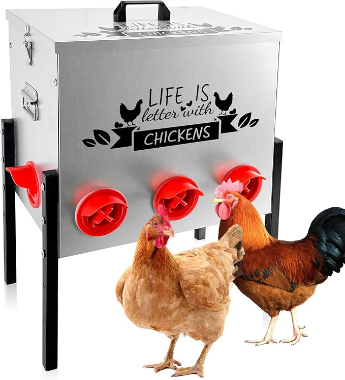 50LB Large Automatic Chicken Feeder Galvanized Metal Chicken Feeders with 8 Feeding Ports No Waste Outdoor Poultry Feeder with Adjustable Height Legs and Locking Lid for Chickens and Ducks
