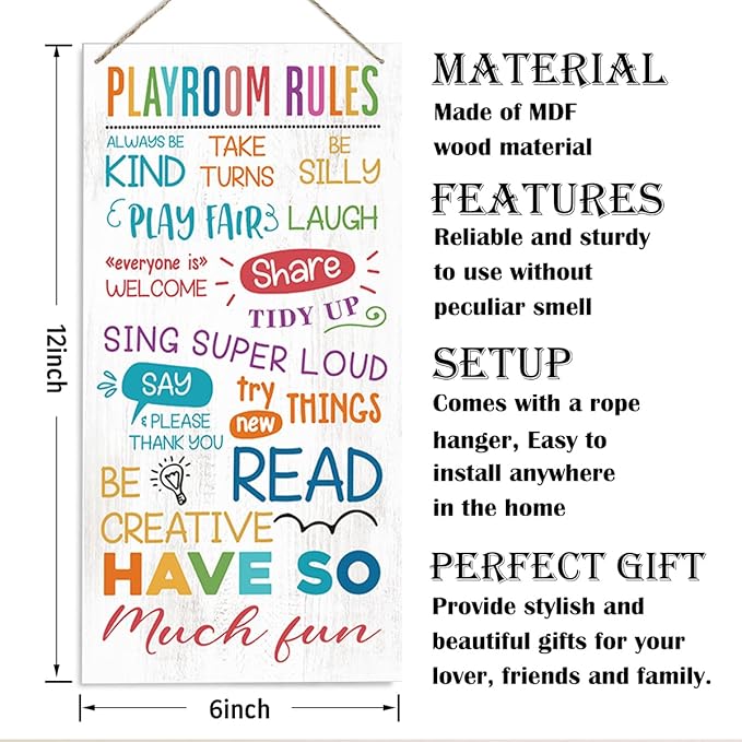 Playroom Rules Sign, Playroom Wall Art, Decorative Wood Hanging Wood Plaque, Kids Playroom Wall Decor, Colorful Wall Decor for Playroom, Classroom Decor, Bedroom Decor, Inspirational Wood Sign