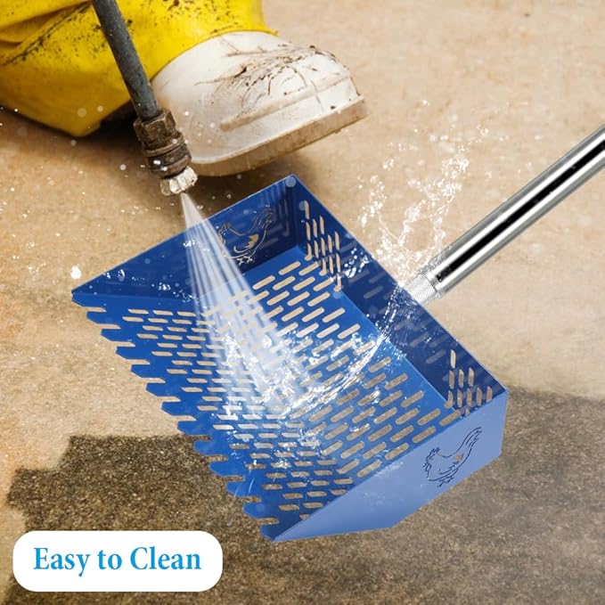 Heavy Duty Chicken Coop Rake and Scoop, 15 Inch Extra Large Chicken Coop Rake with Adjustable Stainless Steel Handle (25 to 73 Inch)，Metal Multi-Use Cleaning Shovel for Coops, Beach（Blue）