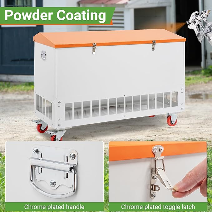 Chicken Feeder with Grille & Wheels, No-Waste 120LBS Capacity Feeder w/ 22 Ports for 20 Chickens, Powder-Coated Steel Feeder w/Waterproof Lid, 37.6”x14.6”x26.2”