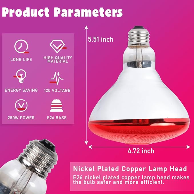 LUCKY HERP Infrared Heat Lamp for Chickens, 250 Watt Red Heat Lamp Bulb, 2 Pack Heat Light Bulb, Brooder Heat Lamp for Chicks Coop, Reptiles, Amphibian, Pet, Food Service