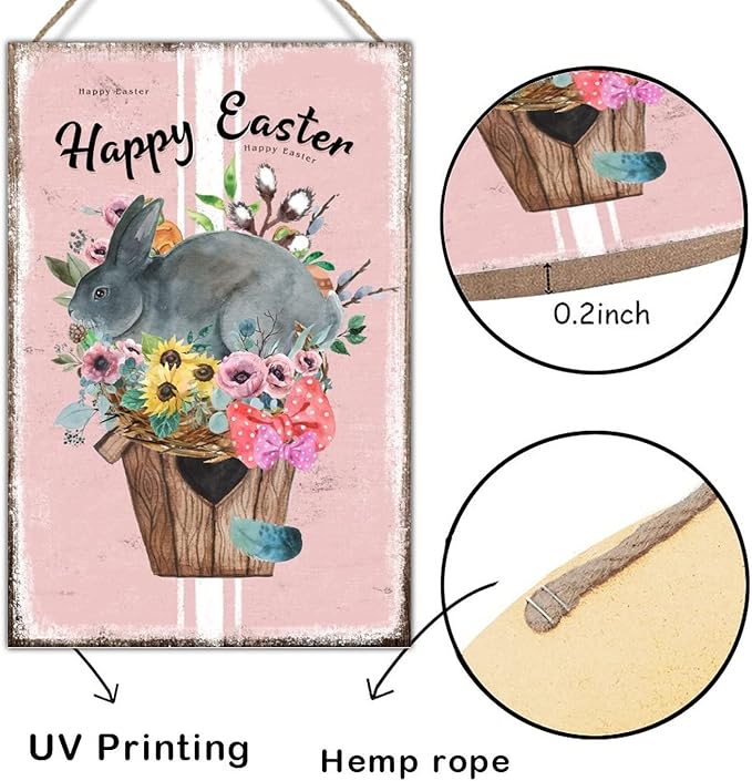 Wood Art Plaque Happy Easter Flower Basket Bunny Sign French Style Floral Pink Stripes Wood Home Sign Plaques Bunny Rabbit Happy Easter Wood Wall Art Sign for Bedroom 12x18in