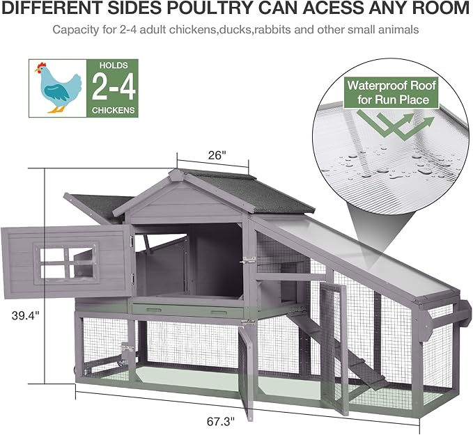 Mobile Chicken Coop with Wheels, Outdoor Hen House with Leak-Proof Tray, UV-Resistant Roof & Nesting Box for Chickens, Ducks, Rabbits (Grey)