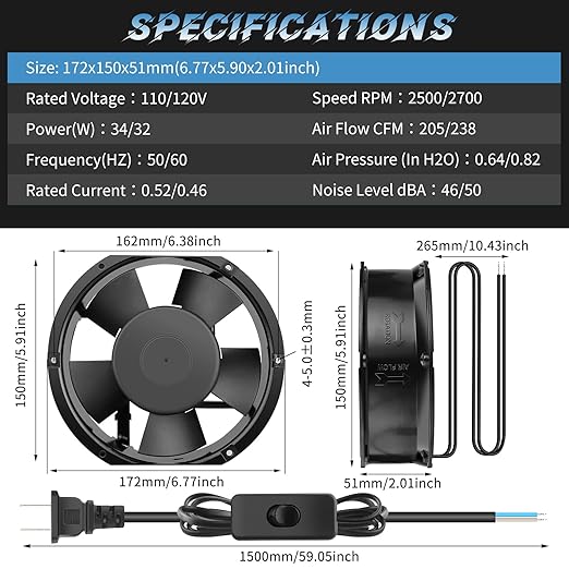 High Speed Axial Muffin Fan 172mm x 150mm x 51mm with Switch 110V 120V for DIY Cooling Ventilation Exhaust Projects for Chicken Coop、Crawl Space、Industrial、Doorway 、Server