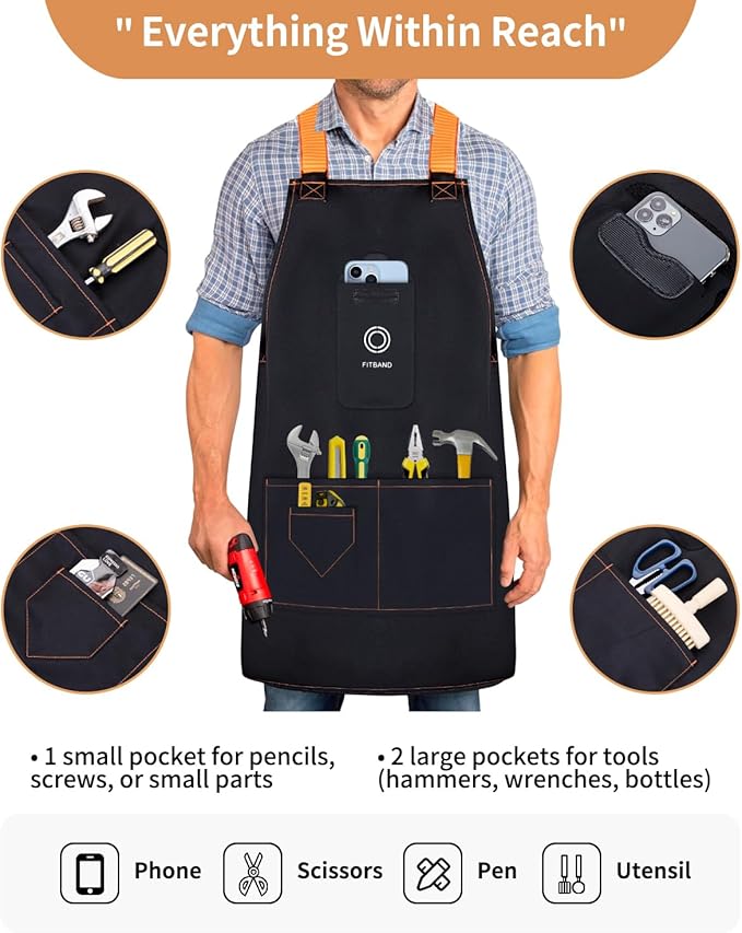 Adjustable Work Apron with Secure Multi Phone Pocket - Design for Cooking, BBQ, Gardening, Carpentry, Bartending, Serving
