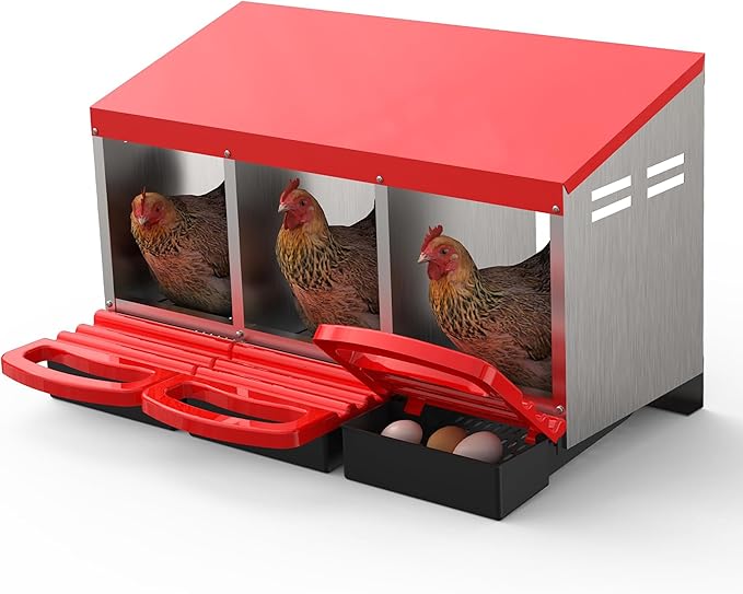Metal Chicken Nesting Box with Easy-Collect Tray & Lid – 3/4/2x2 Compartment Heavy Duty Roll Away Nesting Boxes for Chickens, Wall Mount or Freestanding, Galvanized Steel Hen Laying Box for Coop