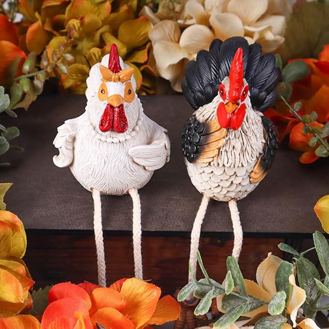 Funny Shelf Sitting Chicken Figurines – Farmhouse Rooster & Hen Statues with Dangling Legs – Rustic Tabletop Home Decor, Kitchen, Garden Ornaments (Set of 2)