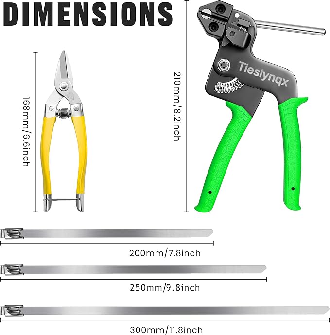 Heavy Duty 304 Stainless Steel Cable Tie Gun Kit-150PCS Metal Zip Ties (3 Sizes), Tensioning/Cutting Tool for Fencing, Chicken Coop, Cable Bundling, Exhaust Repair & Structural Reinforcement