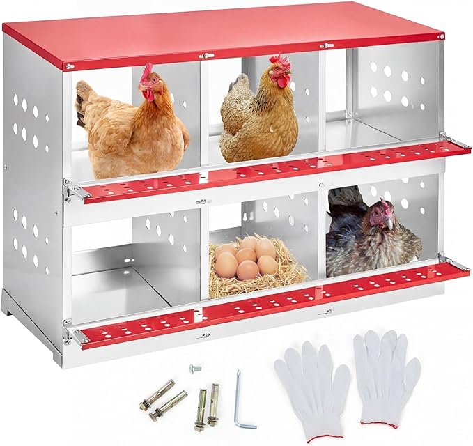 Heavy Duty Metal Chicken Nesting Box – 6 Compartments, Roll-Away Egg Tray, Vented Design, Pull-Out Cleaning Tray, Swing Perch, Wall Mount, Without Cover-Red, 96×48×71cm
