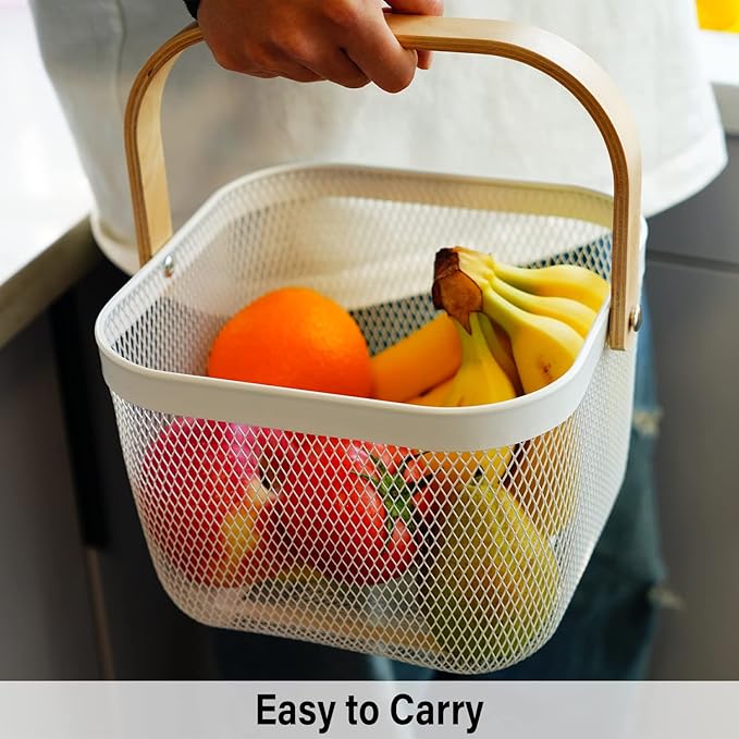 Metal Mesh Steel Harvest Basket, Square Wire Garden Basket with Handle – Multi-Functional Storage Organizer for Gathering Vegetables, Fruits, Kitchen, Garden, Picnic & Cabinet (Black)